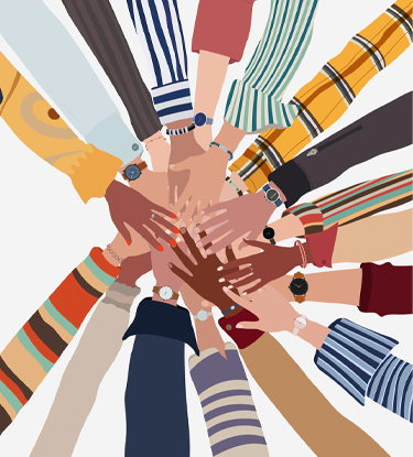 Group of hands on top of each other in a circle of people of diverse culture and race