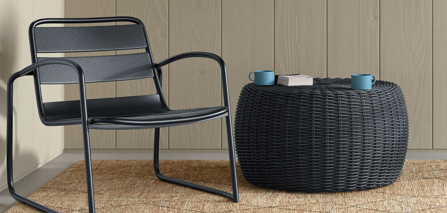 Chair and side table with cups in Hammered Black